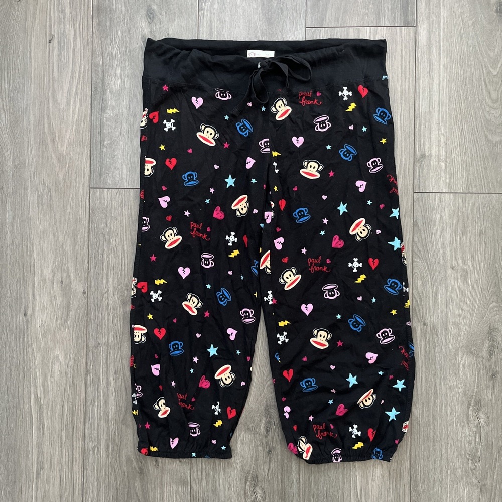 Paul Frank Womens L Capri Sweatpants Black All Over PF Print